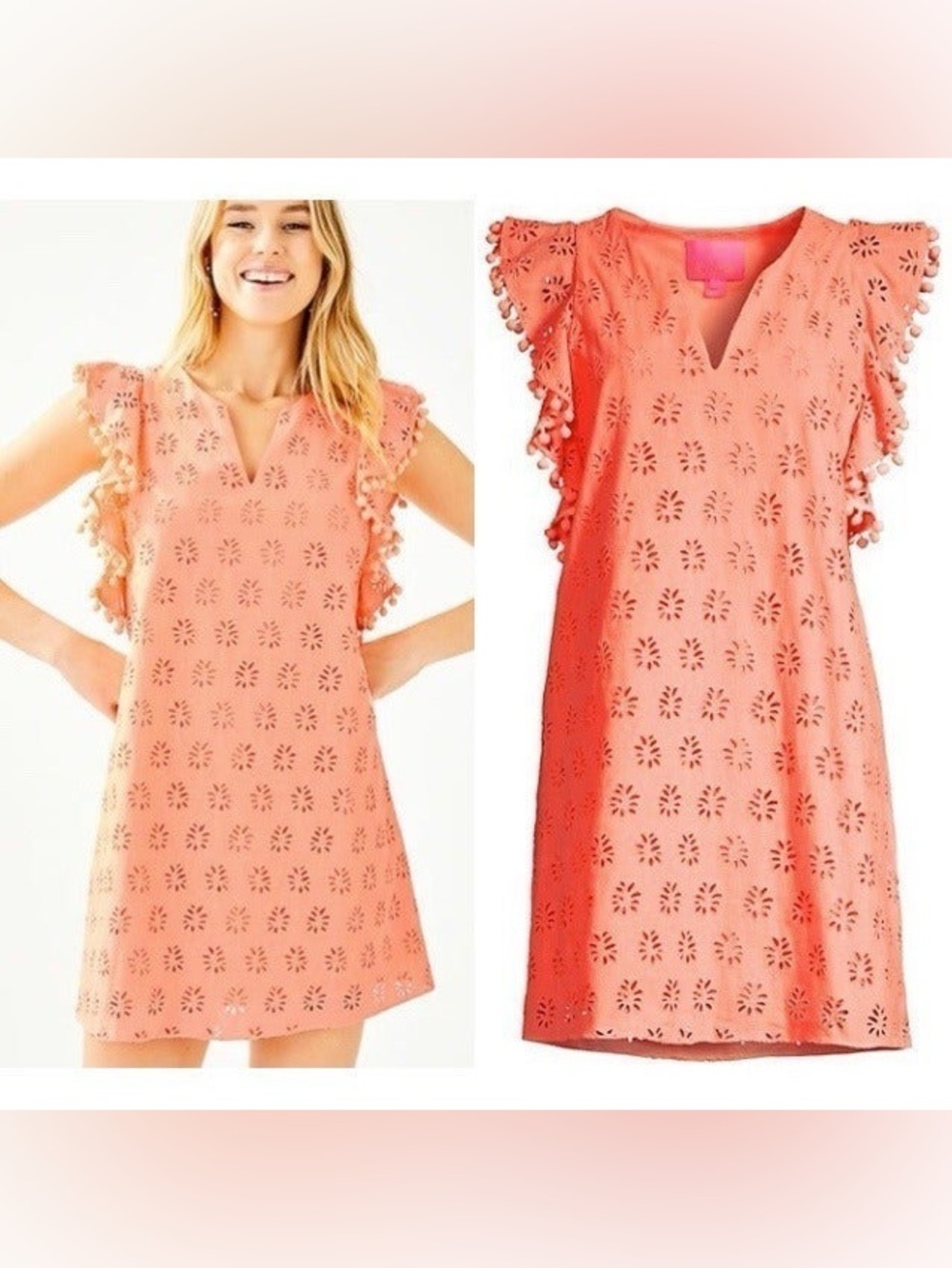 Lilly Pulitzer Coral Eyelet Pom-Pom Flutter-Sleeve Mini Dress astara